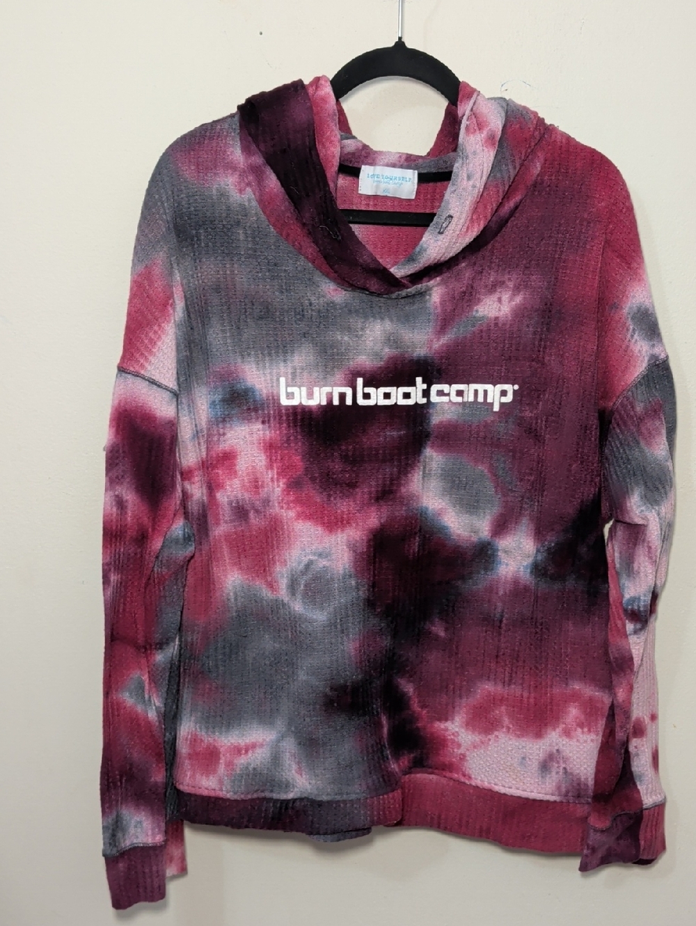Burn Boot Camp Tie-Dye Hoodie Burgundy Gray Waffle Knit Thermal Women's Size XXL